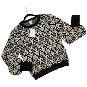 LuLaRoe Piper Sweater Large Geometric Black Cream Balloon Sleeve Pullover Winter